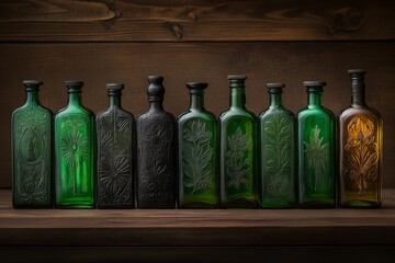 A collection of antique glass bottles, each with a unique shape and intricate engravings