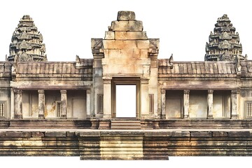 Obraz premium Ancient stone temple facade with pillars and towers, on white background for design and travel use