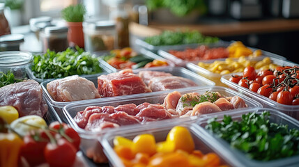 Assortment of fresh meat cuts and vegetables like tomatoes, peppers, broccoli, and beans in transparent containers. Balanced meal prep for diet planning, fitness eating, and healthy lifestyle cooking.