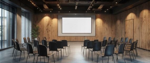 壁にスクリーンが設置されている会議室