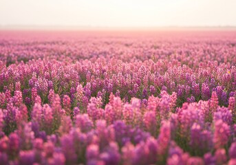 Obraz premium 穏やかな朝光、ピンクの花畑が広がる、優しいパステル調風景写真