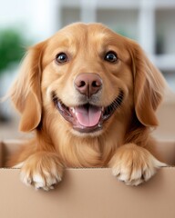 Happy dog enjoys cozy cardboard box among moving items in a living room