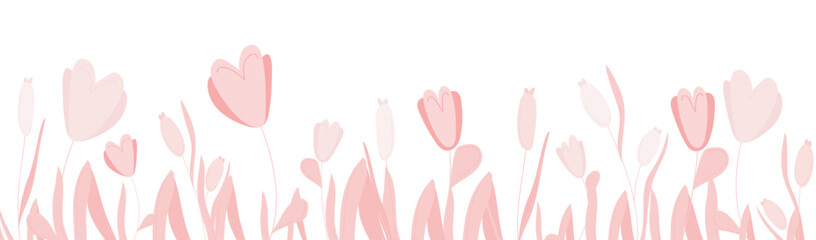 Obraz premium Flower border for spring botanical illustration. Wildflower print with pink tulip bloom and leaf graphic element. Floral design for meadow banner. Blossom decor isolated on white background