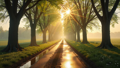 Naklejka premium Scenic tree-lined pathway glowing in morning sunlight. 