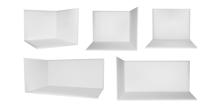 3d empty corner booth room mockup. White wall trade show cube box. Perspective product display space for expo kiosk. Conference stall exhibition area. Store showroom section for small backdrop