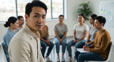 Obraz premium 穏やかな光の中で、真剣な表情の男性と円座の仲間たち。静かな雰囲気。