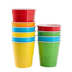 A set of tall, colorful plastic drinking cups, isolated on white or transparent PNG.
