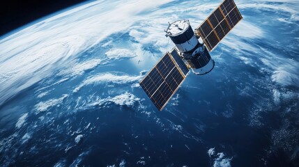 A satellite orbits the earth above the blue planet of Earth