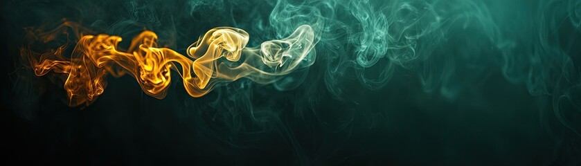 Fototapeta premium Abstract smoke swirls, teal & gold, dark background; design, art