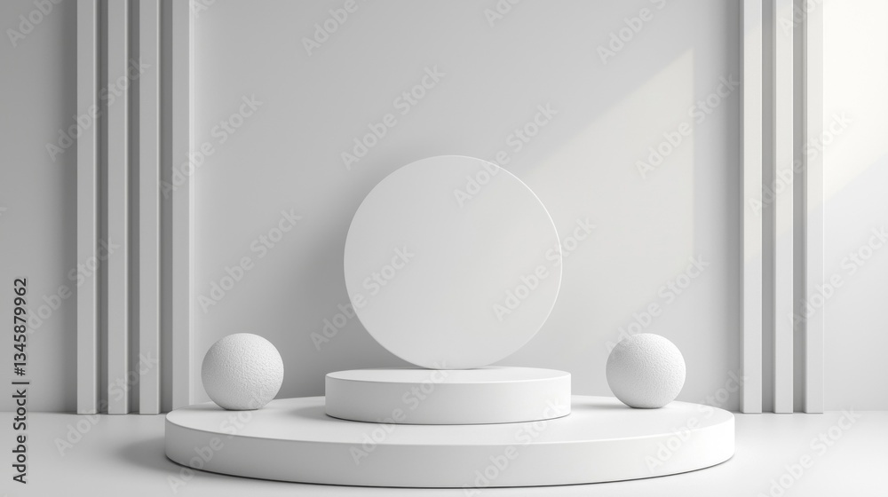 Poster a serene setting showcases a circular pedestal surrounded by smooth spheres on white surfaces, accen