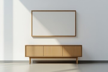 Modern minimalist interior design with a wooden cabinet and framed artwork