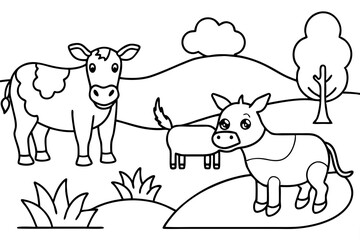 farm animals in field coloring page for kids line art silhouette vector illustration