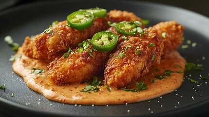A gourmet restaurant plating of crunchy chipotle-spiced fried chicken tenders, elegantly arranged next to a bold, smoky chipotle ranch sauce, topped with finely diced jalapeños, dark moody background,