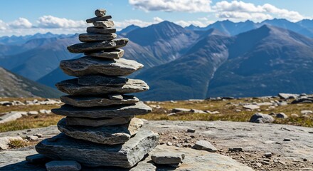 雄大な山脈を背景に、丁寧に積まれた石塔。穏やかな光が照らし、静寂な空気感。