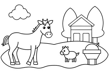 farm animals in field coloring page for kids line art silhouette vector illustration