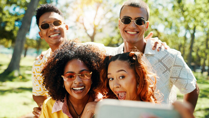 Gen z, happy people and friends in park for selfie together for cool fashion, bonding or reunion....