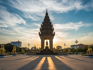 A Monument with Golden Statues Underneath a Beautiful Cloudy Sky