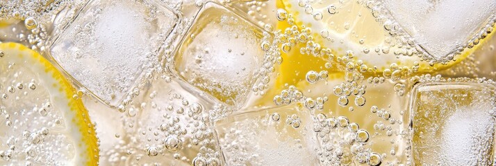 Refreshing Lemon Soda With Ice Cubes And Bubbles Closeup