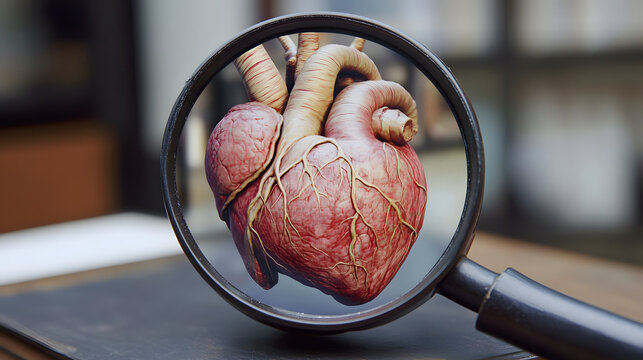 A detailed image of the human heart under a magnifying glass.