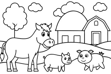 farm animals in field coloring page for kids line art silhouette vector illustration