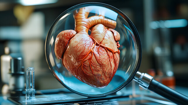 Medical materials of the human heart under a magnifying glass