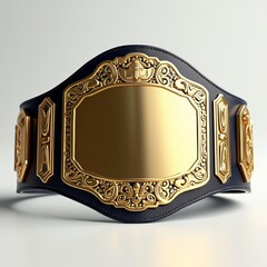 A gold and black championship belt with intricate details