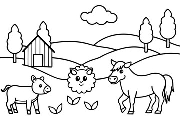 farm animals in field coloring page for kids line art silhouette vector illustration