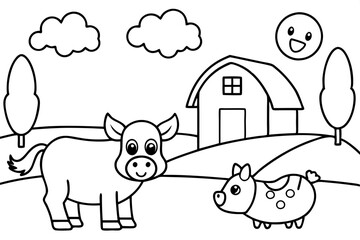 farm animals in field coloring page for kids line art silhouette vector illustration