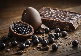 Dark Chocolate Eggs and Bar on Wooden Surface with Chocolate Balls and Shards in Rustic Setting