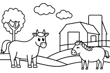 farm animals in field coloring page for kids line art silhouette vector illustration