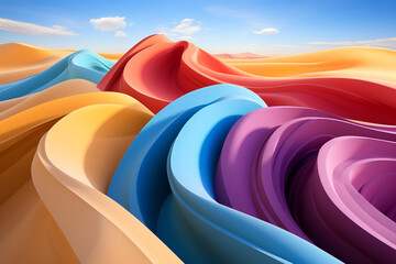 undulating sand dunes burst with a kaleidoscope of vibrant hues, their textured peaks and valleys dancing in harmony with boundless sky, creating a tapestry that immerses one profound communion with n