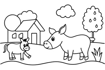farm animals in field coloring page for kids line art silhouette vector illustration