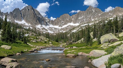 Fototapeta premium Scenic mountain landscape featuring a flowing stream and vibrant nature