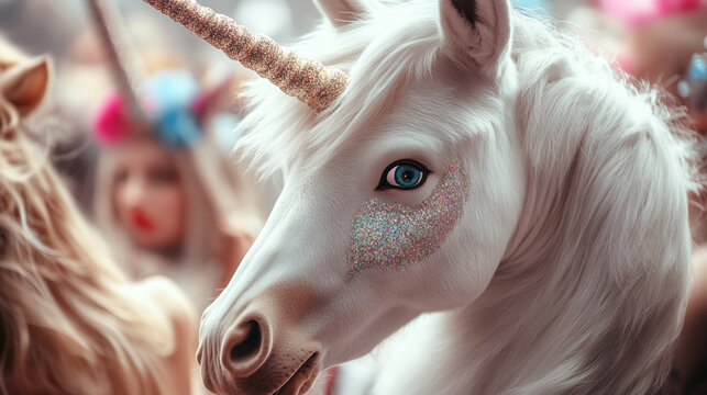 Close-Up of a White and Pink Unicorn with Glitter, Perfect for Wallpaper in a Magical and Dreamy Style