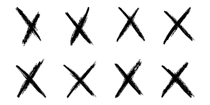 Hand drawn black crosses. Crayon brush handwritten. Marker stroke, pen scribble. Grunge chalk cross set. Strikethrough x doodle lines. Isolated child vector illustration on white background.