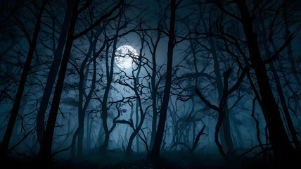 Obraz premium A dark, eerie forest with twisted branches silhouetted against the moon’s dim glow, as thick mist drifts, making the shadows feel alive.