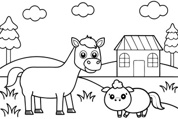 farm animals in field coloring page for kids line art silhouette vector illustration