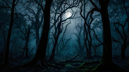 Obraz premium A dark, eerie forest with twisted branches silhouetted against the moon’s dim glow, as thick mist drifts, making the shadows feel alive.