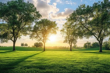 Obraz premium A scenic landscape of trees on a green grassy meadow at dusk
