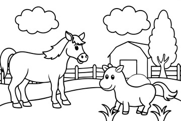 farm animals in field coloring page for kids line art silhouette vector illustration