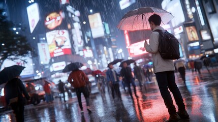 Fototapeta premium Rainy night city scene, person with umbrella amidst crowd