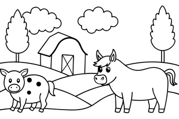 farm animals in field coloring page for kids line art silhouette vector illustration