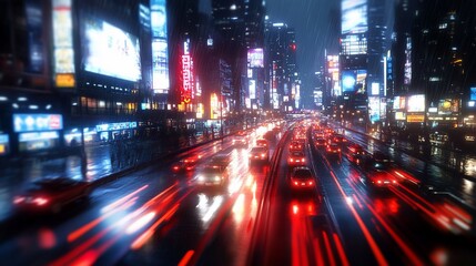 Rain-slicked city street at night, traffic blurred