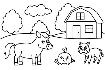 farm animals in field coloring page for kids line art silhouette vector illustration