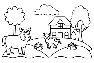 farm animals in field coloring page for kids line art silhouette vector illustration