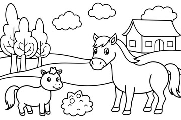 farm animals in field coloring page for kids line art silhouette vector illustration