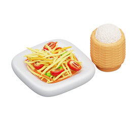 Thai Papaya Salad with Sticky Rice in Bamboo Container 3D Illustration