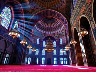 Obraz premium Interior of a Mosque with Stained Glass Windows and Dramatic Lighting
