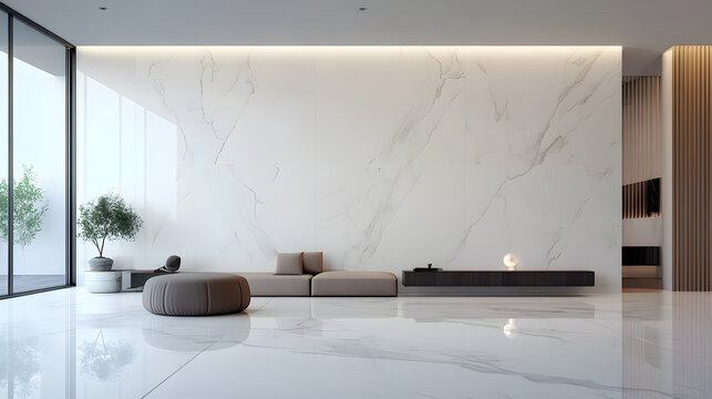 Interior renderings of a minimalist marble living room