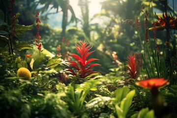 untouched wilderness of natural forest bursts with an exuberant tapestry of diverse plants, harmoniously coexisting and radiating an untamed beauty that captivates senses  